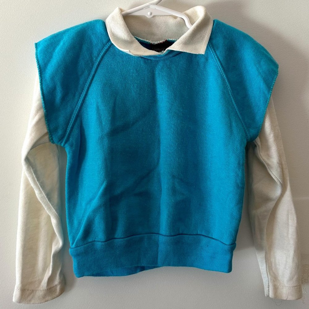 Vintage 80s Turquoise Colorblock Raglan Sweatshirt Size 4 Terry Lined Retro